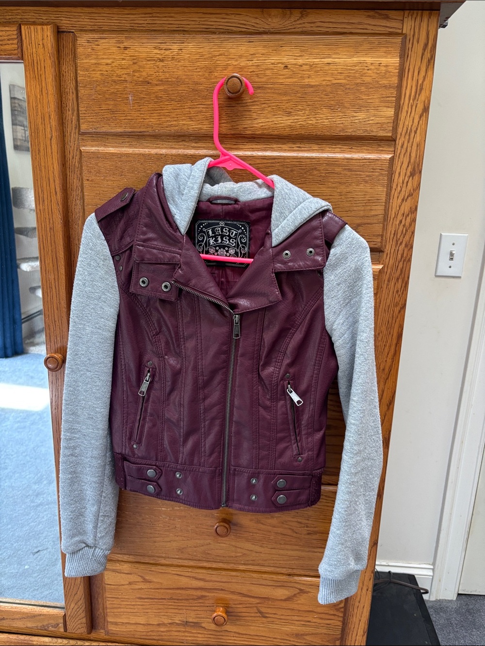 last kiss Maroon Faux-Leather Moto Jacket with Light Gray Hoodie Sleeves